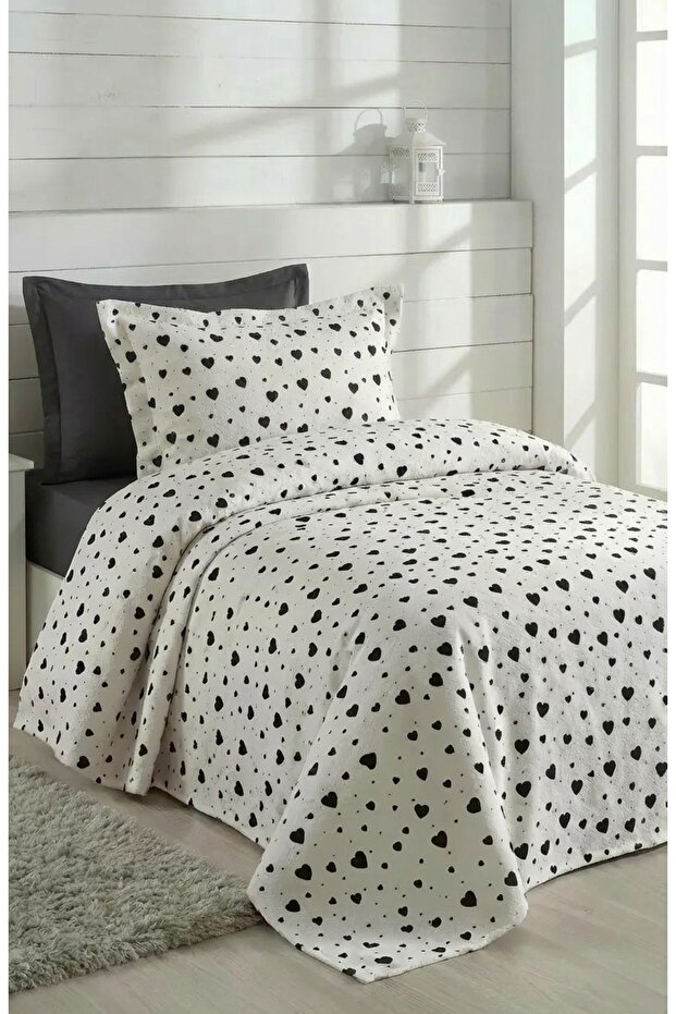 Heart Patterned Single Pique Set 4 Pieces – Bedspread Set with Elastic Sheets