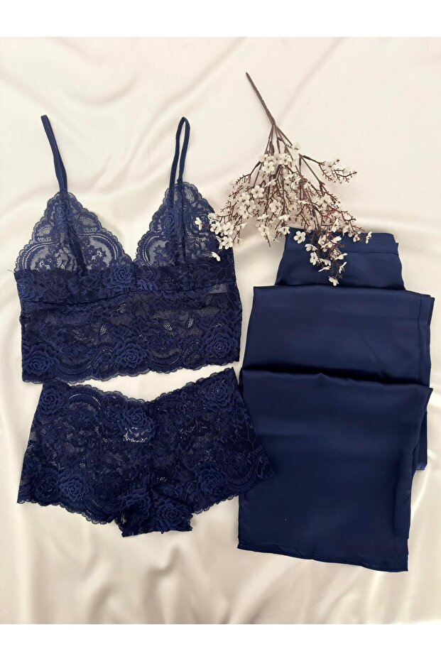 3-Piece Degas Navy Blue Lace Top Satin Bottom Pajama Set