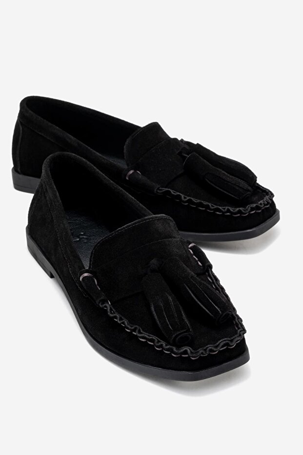 Women's Genuine Leather Loafers Tassel Detailed Black Suede Siena Color-Match Leather Lining