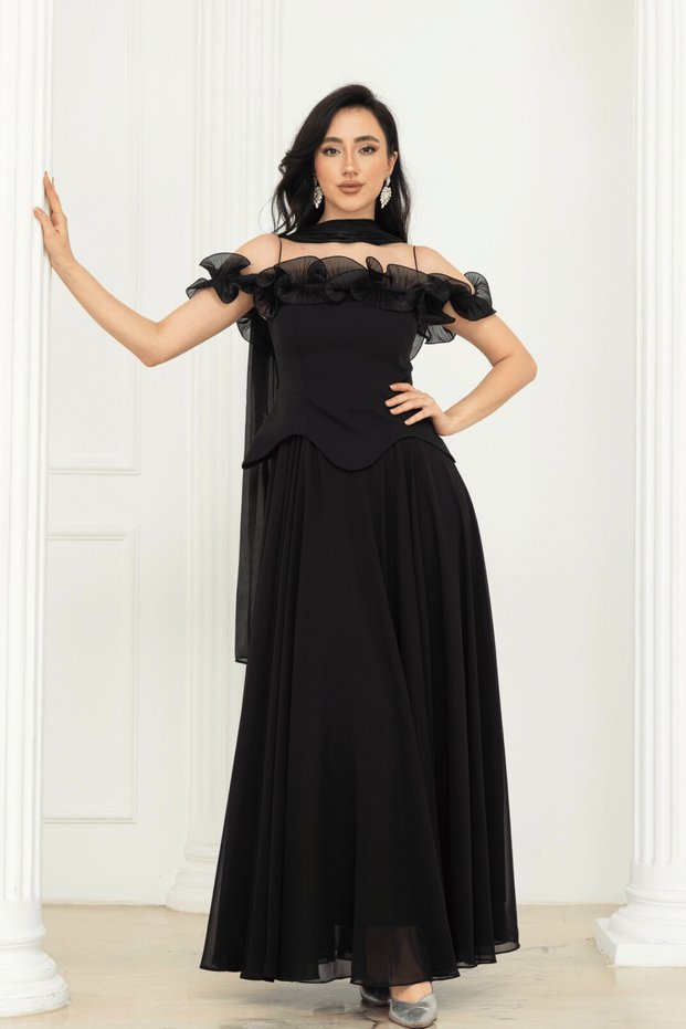 Üst Atlas Alt Chiffon Shawl Detailed Long Dress - Black