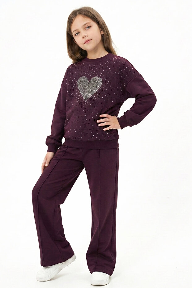 Girl's Stone Decorated Heart Patterned 2-Thread Top and Bottom Set 4-12 Years 12513