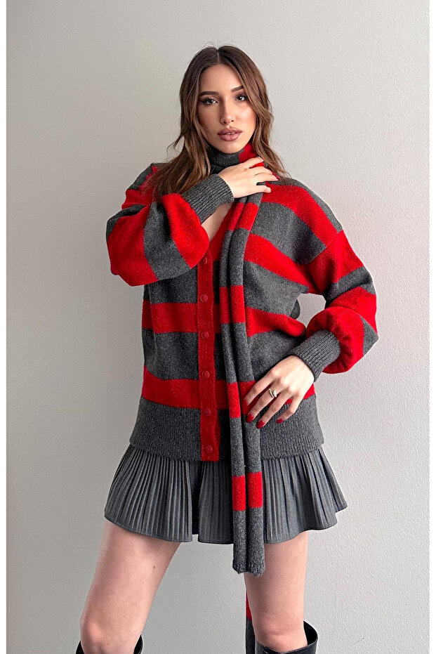 Striped Cardigan Scarf Combination Soft Knitwear