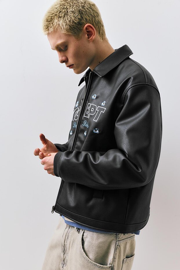 Çiçekli suni deri ceket - 7