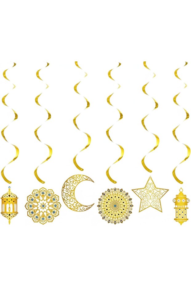 Golden Islamic Swirl Hanging Decor - Set of 6 Stars, Moons, Lanterns - Eid Decorations