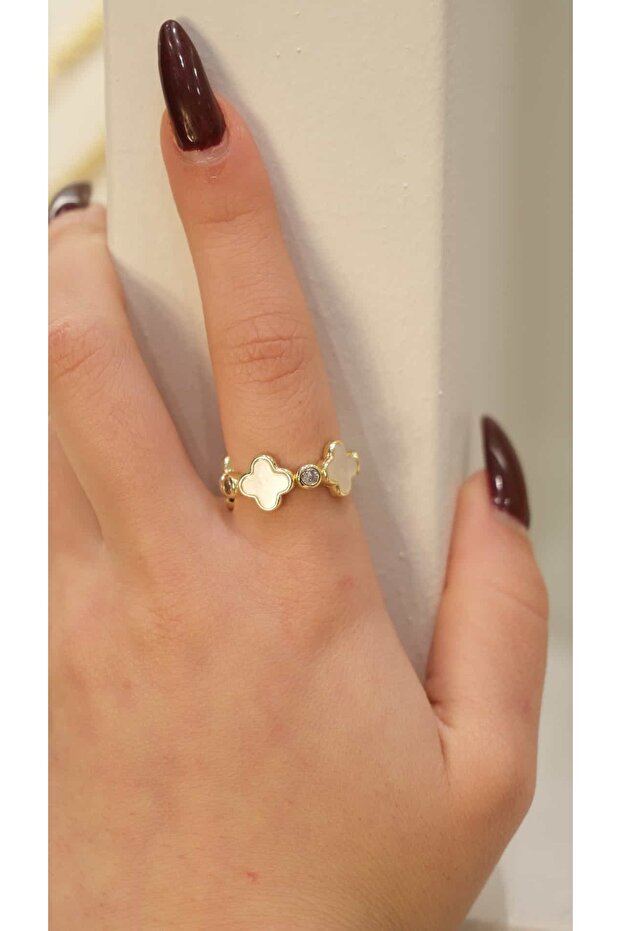 Gold Yonca Model Mineli Adjustable Ring