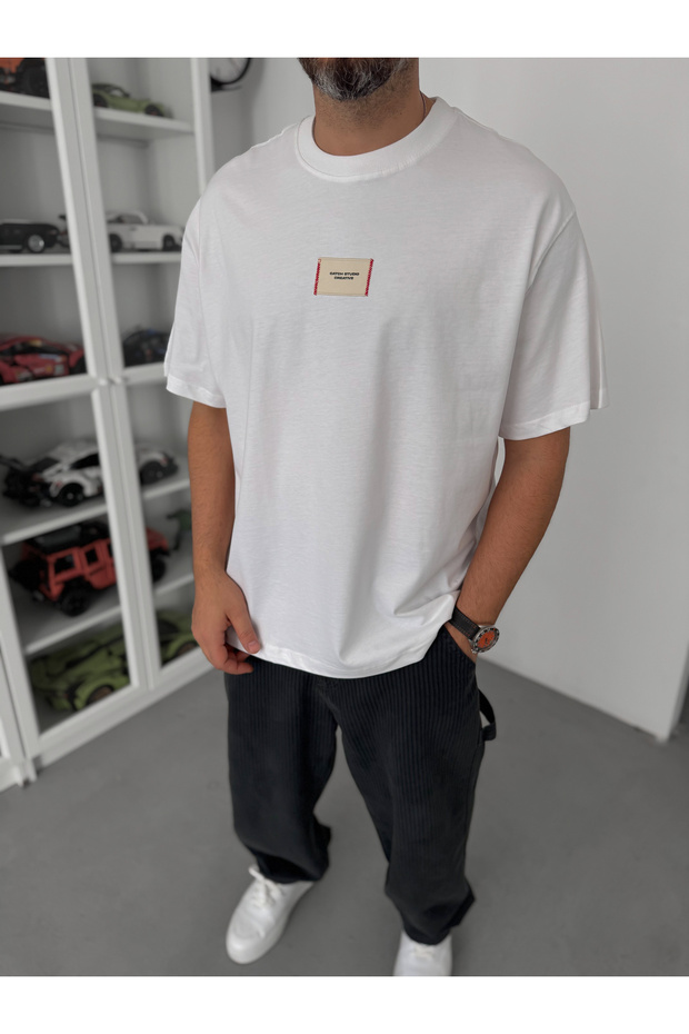 Beyaz Hasır Patchli Oversize T-Shirt C-023 - 3