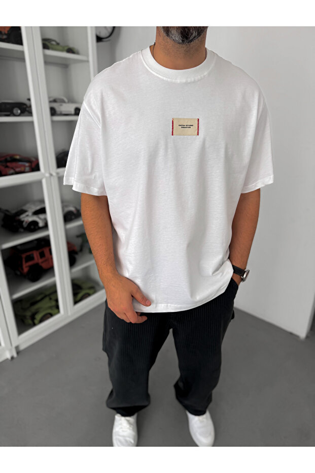 Beyaz Hasır Patchli Oversize T-Shirt C-023 - 2