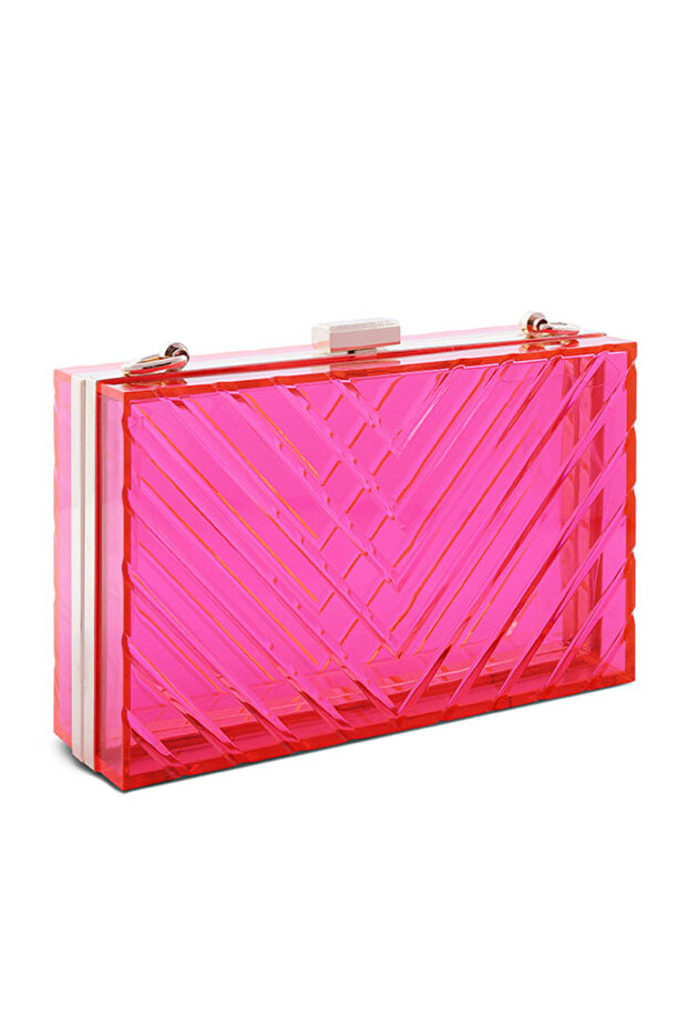 Women Fuchsia Transparent Chevron Pattern Clear Clutch Bags