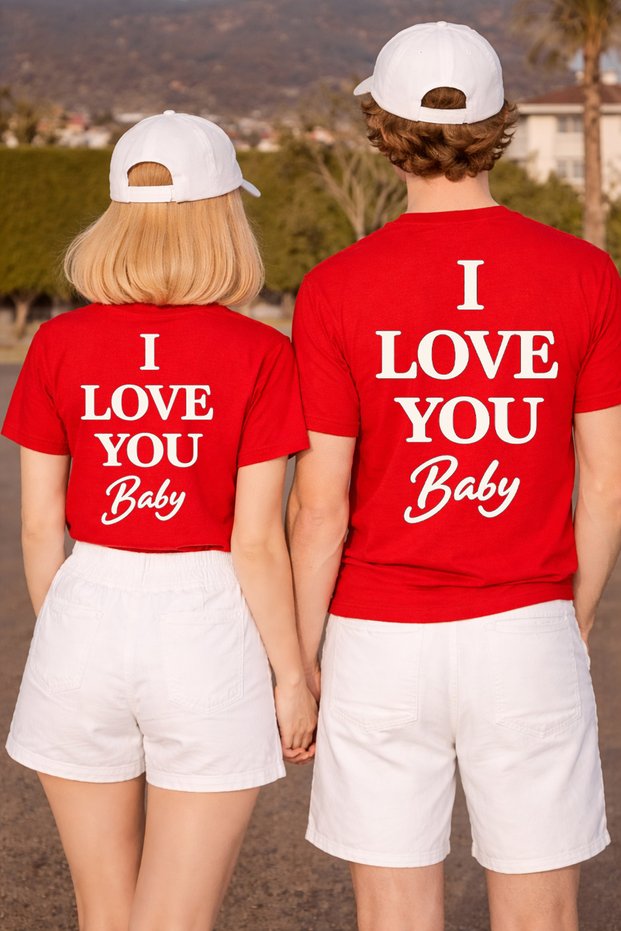 T-Shirt Couple Combination February 14 Valentine's Day T-Shirt 2-Pack Price Love You Baby Print