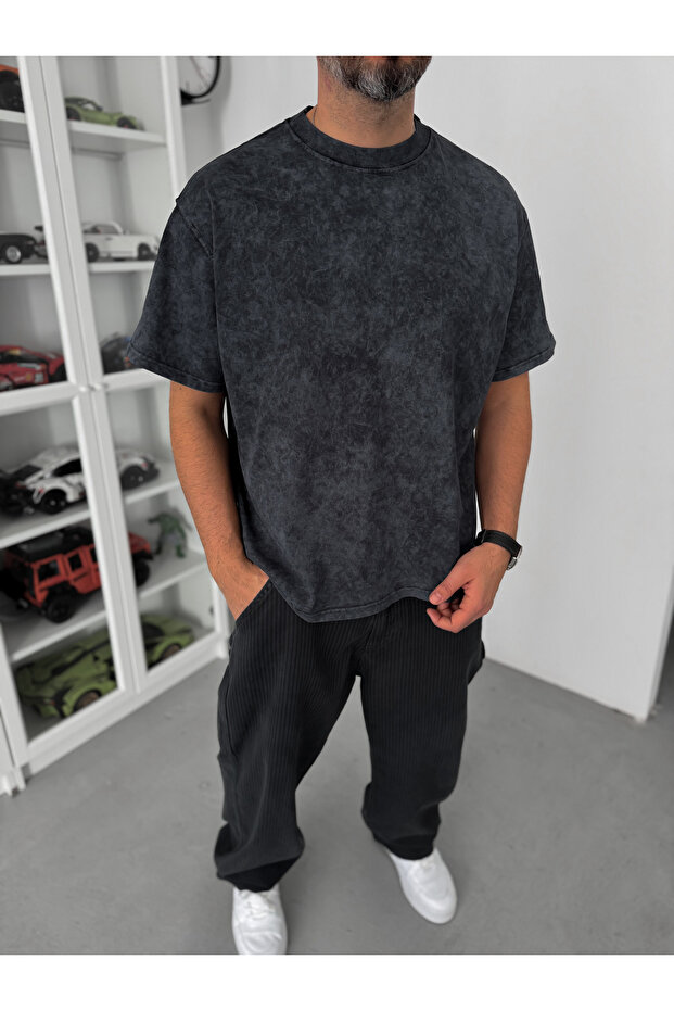 Siyah Yıkamalı Basic Oversize T-Shirt C-099 - 2