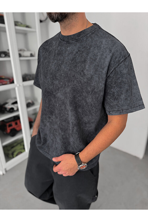 Siyah Yıkamalı Basic Oversize T-Shirt C-099 - 4