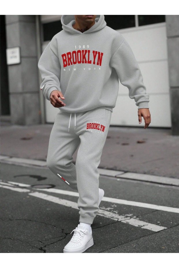 Brooklyn Printed Men's Hooded Sweatshirt Top and Bottom Tracksuit Set