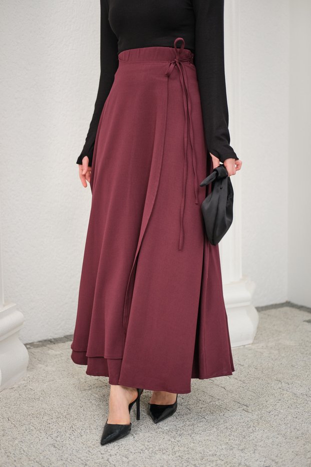Women's Slit Detail Ribbon Maxi Skirt Burgundy