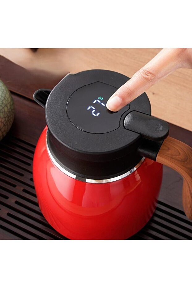 1.6 Litre 22CM Stainless Steel Thermos for Tea and Coffee Carafe with Live Display & Wooden Handle
