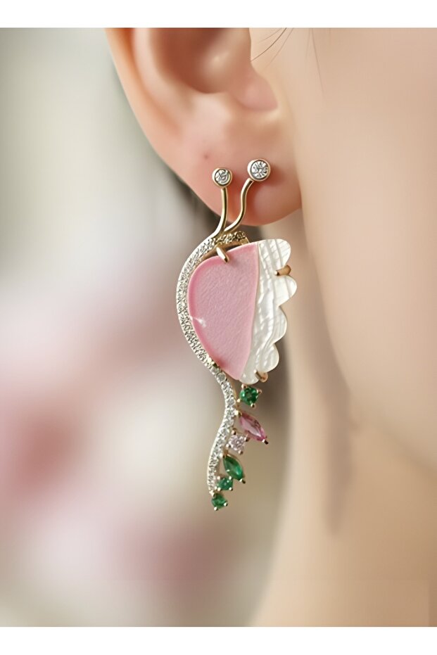 Handmade Bohemian Butterfly Earrings with Pink Enamel and Marquise Stones