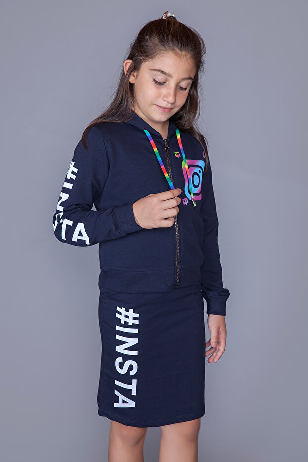 Girl's 2-Piece Set Printed Hooded Zipper Sweatshirt & Basic Pencil Skirt with Pockets
