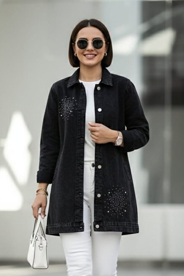 Women's Stone-Detail Buttoned Pocketed Black Denim Jacket
