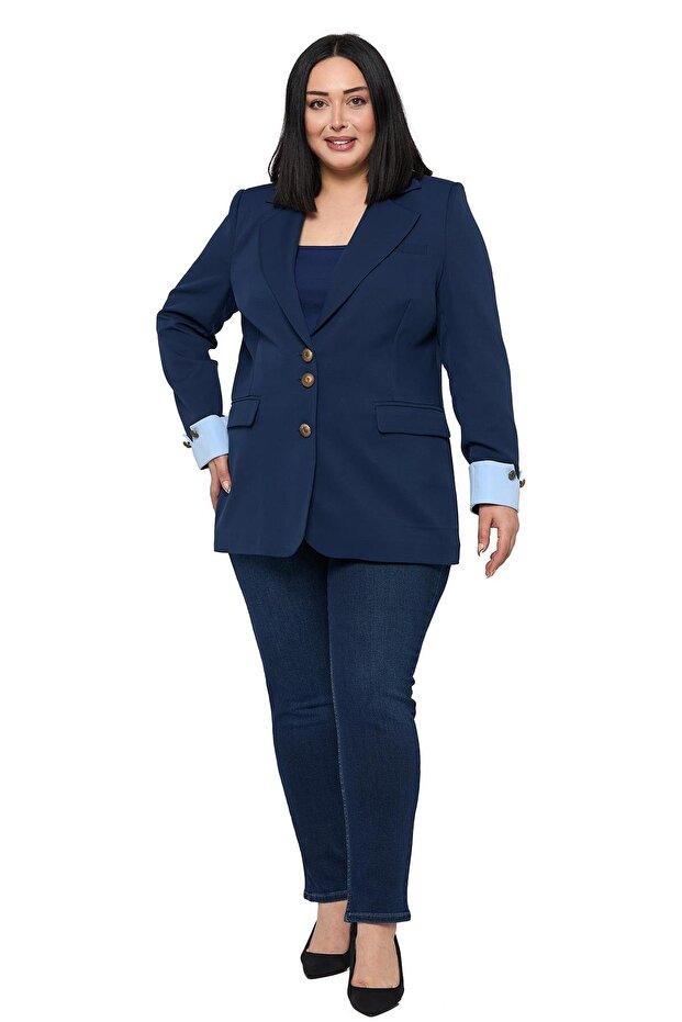 Plus Size Navy Blue Blazer Jacket with Fabric Cuffs and Button Detailing and Lining