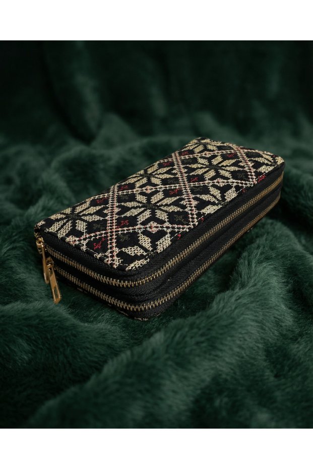Women's Wallet Palestine Traditional Gold Embroidered Double Zipper Large 20X10 cm