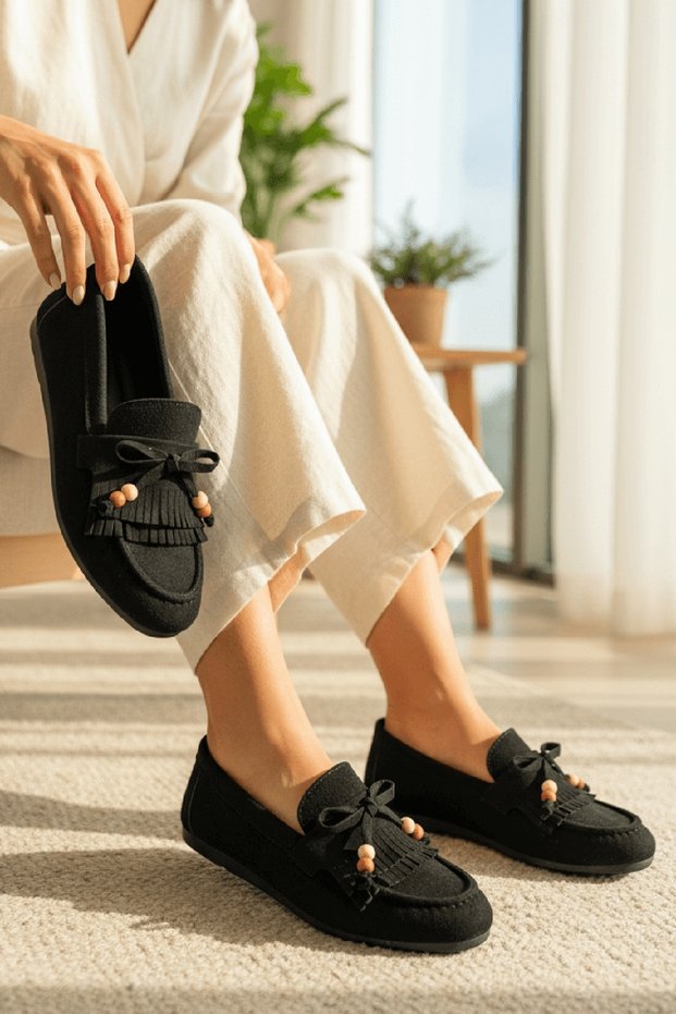 Omait Black Suede Beaded Detailed Ballerina Shoes