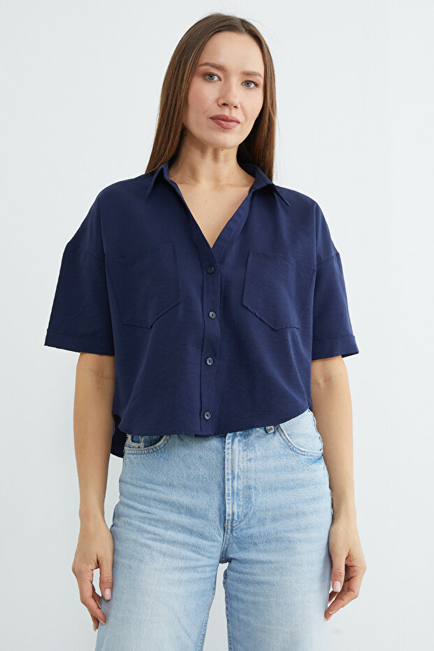 Çift Cepli Oversize Crop Gömlek - 2