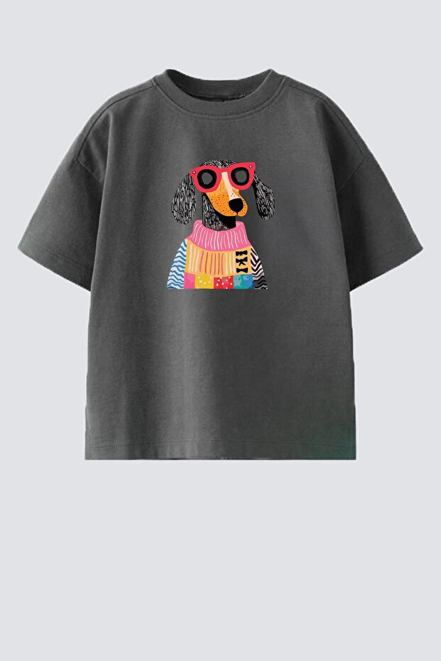 Girls' Dog Printed Cotton Crew Neck T-Shirt