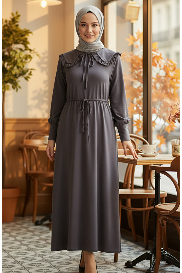 Ruffle Collar Lace-Up Hijab Dress 2208-04 Anthracite