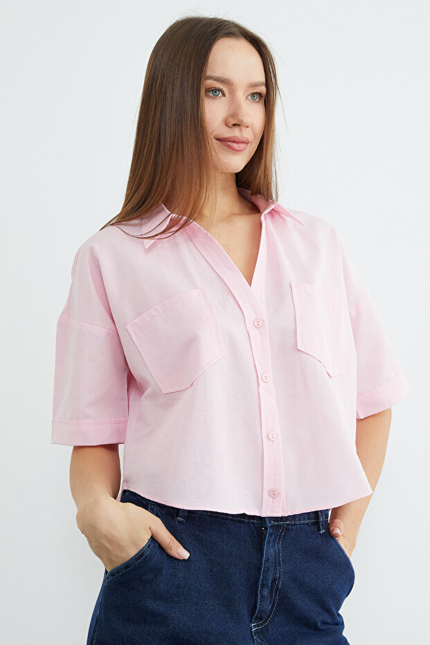 Çift Cepli Oversize Crop Gömlek - 4