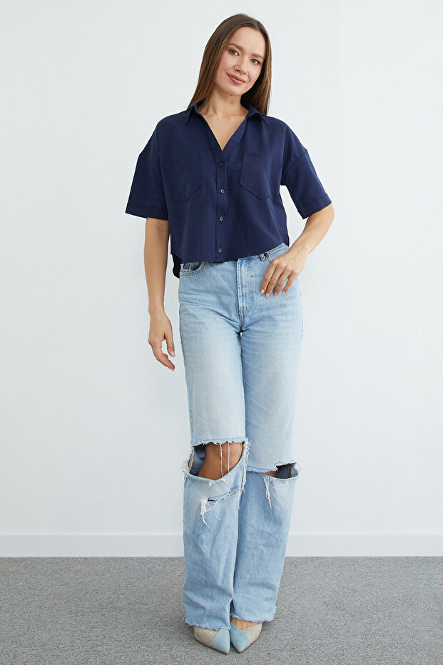 Çift Cepli Oversize Crop Gömlek - 4