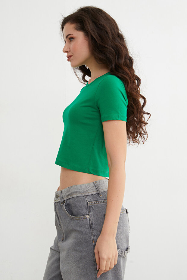 Basic Bisiklet Yaka Crop Tişört - 3