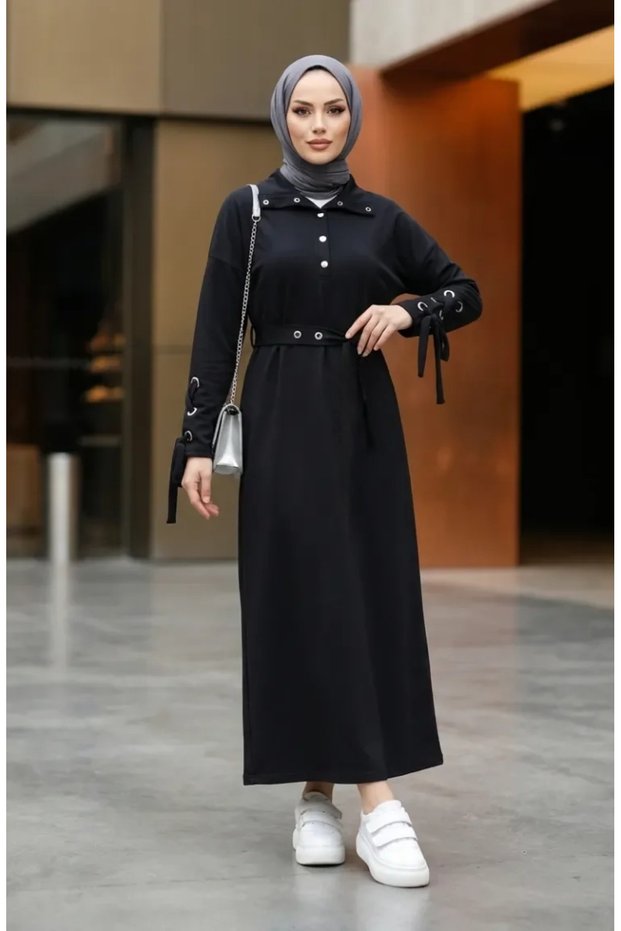 Snap Detailed Belted Sports Dress 71183-05 Navy Blue