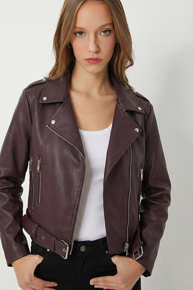 Belted Faux Leather Biker Jacket Lax0003 Mürdüm