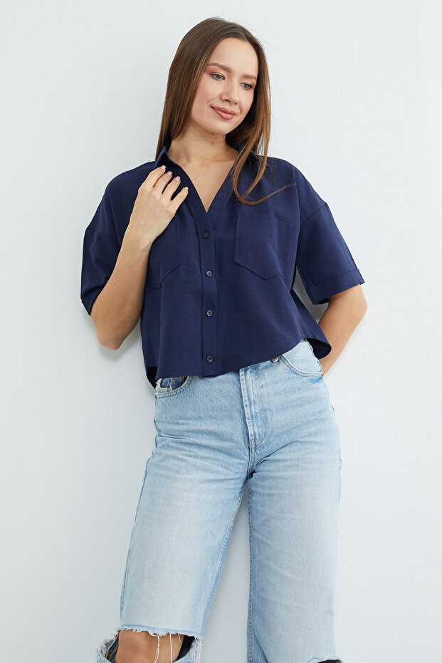 Çift Cepli Oversize Crop Gömlek - 1