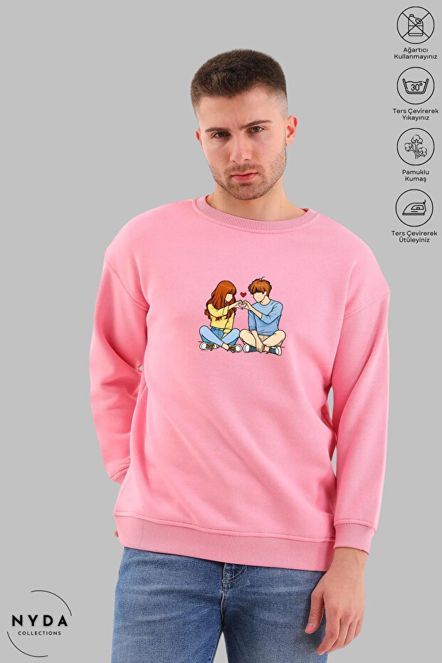 Unisex Double Love Printed Crew Neck Hoodless Oversized 100% Cotton Combed Cotton Sweatshirt