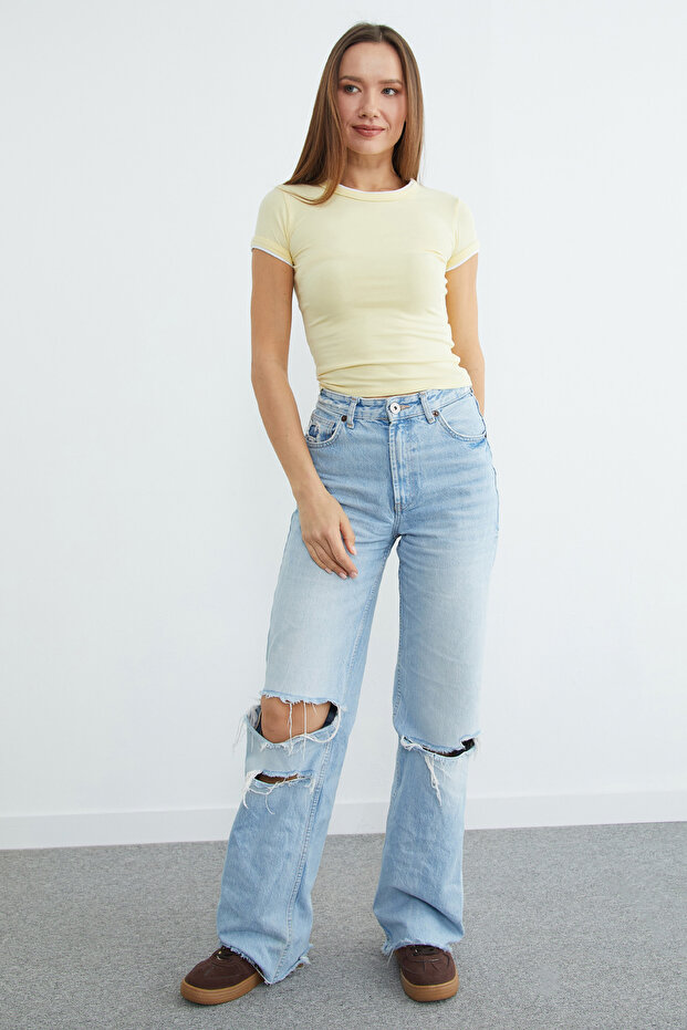 Basic Bisiklet Yaka Biyeli Crop Tişört - 5