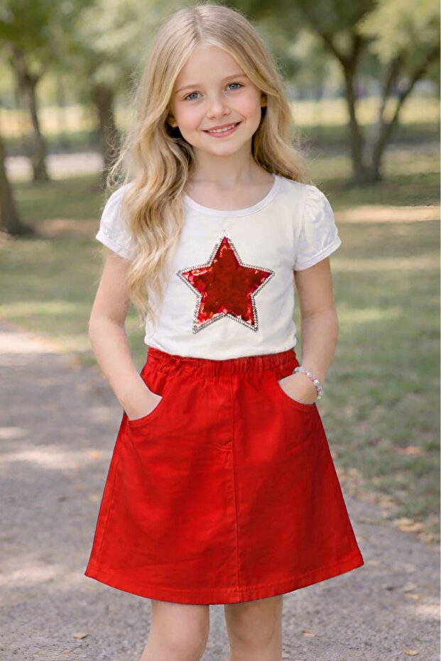 Girl's Linen Skirt and Combed Cotton 2-Piece Set