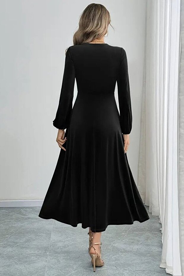 JANES Bisiklet Yaka Kadife Midi Elbise - 2