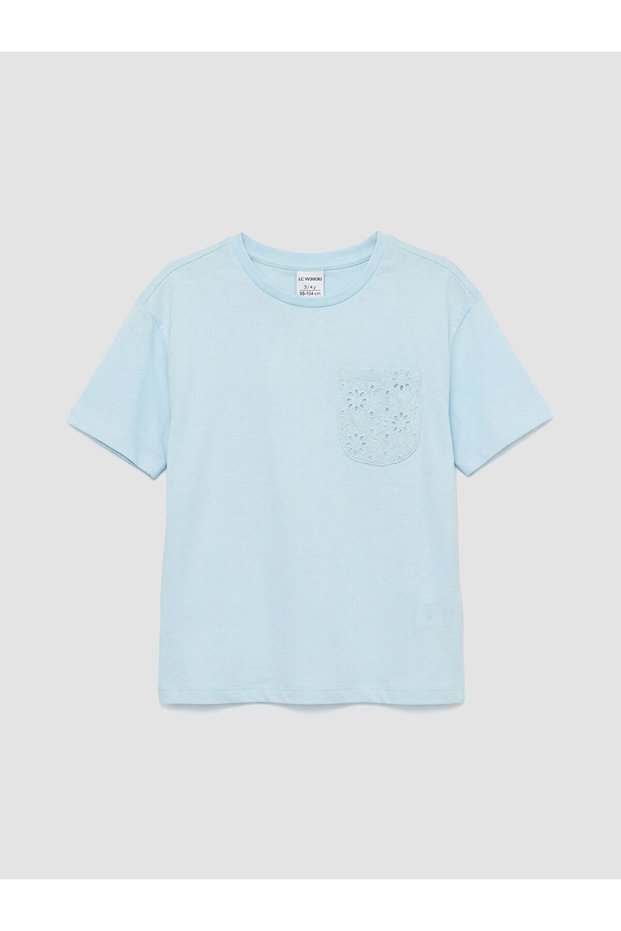 Blue Crew Neck T-Shirt with Scallop Detail for Girls