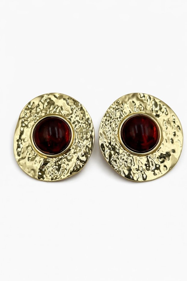 Women's Yellow Steel Muse Earrings with Vintage Textured Red Stone Detail