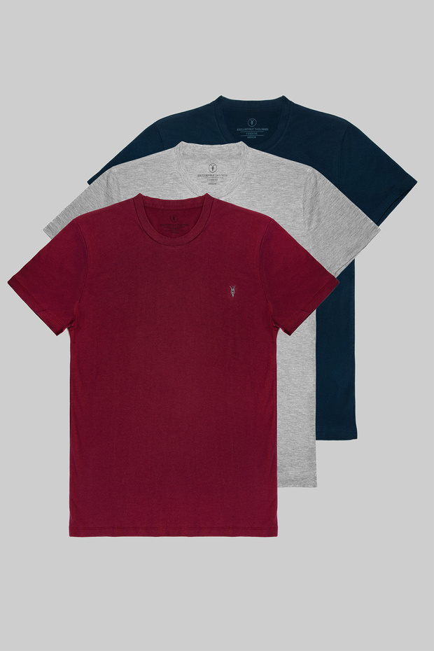 Men's Basic Crew Neck Cotton Regular Fit 3-Pack T-Shirt Gray-Navy Blue-Claret Red