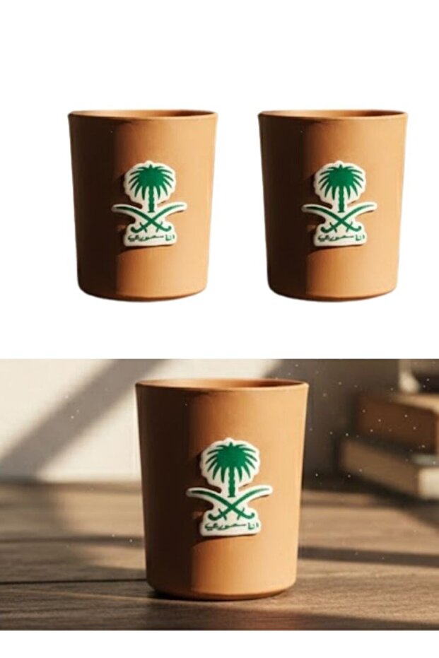 طقم فناجين شاي من الطين بشعار السعودية، قطعتان، بتصميم عربي تقليدي