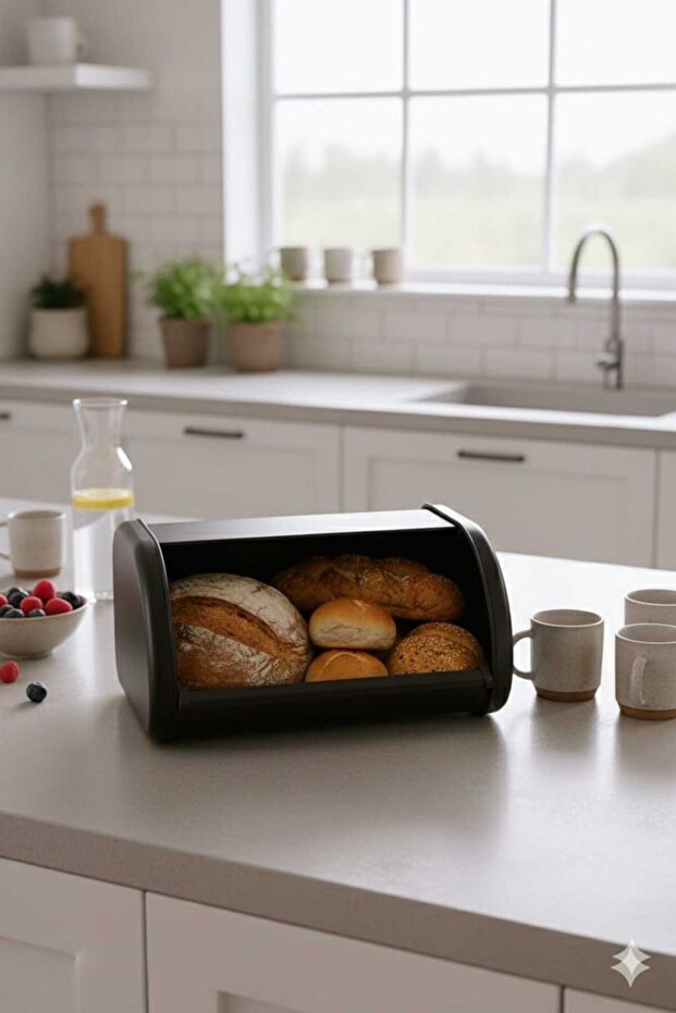 Modern Metal Roll-Top Bread Box - Matte Black / Countertop Bread Container