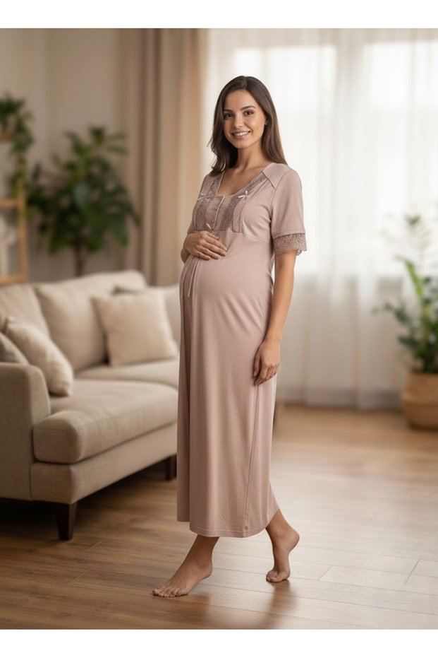 New Season Mink Full Length Summer Nightgown with Breastfeeding Feature, Short Sleeve Lace Design, Maternity and Postpartum Nightgown