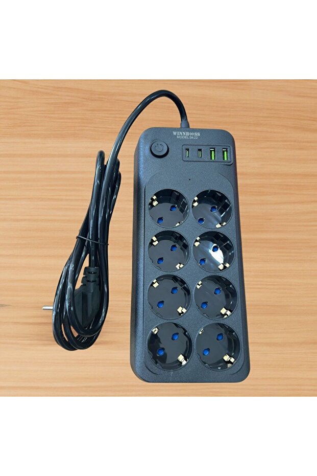 BUFFER ®   كابل تمديد حراري منافذ مع حماية من التيار الزائد - 8 منافذ، 2 منفذ USB و2 منفذ Type-C، مقبس متعدد قوي TY - 1