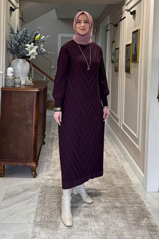 Yağmur Triko Elbise Mürdüm - 5