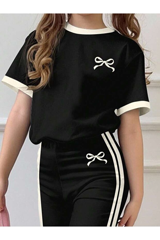 Children's Bowknot Printed T-Shirt with Stripes and Spanish Flared Pants Set