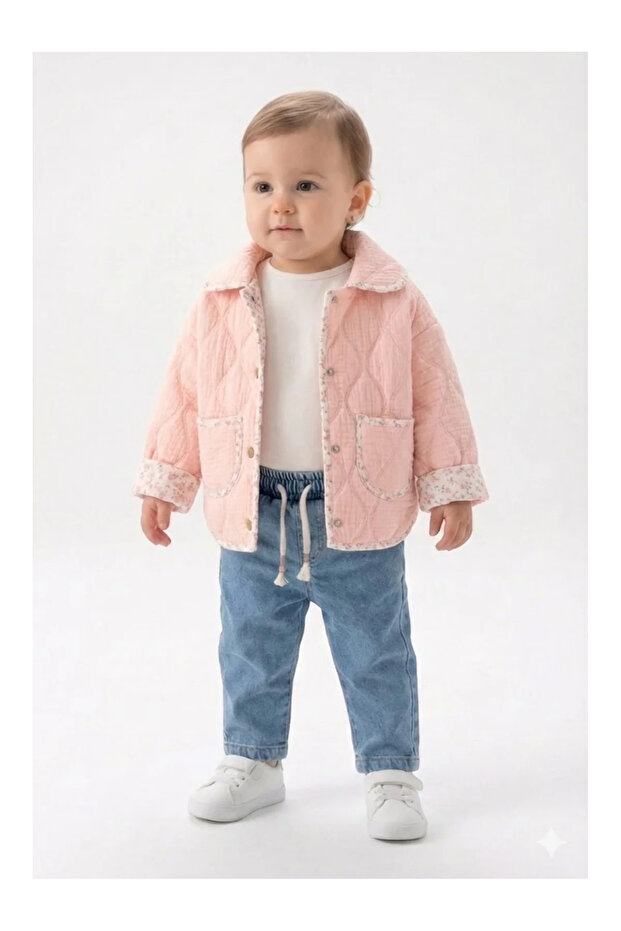 Baby Girl Seasonal 3-Piece Combination - Reversible Quilted Coat Denim Set - Salmon