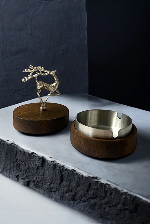 Ash Tray with Wooden Lid, Decorative Deer with Floral Antlers, Dark Silver Deer