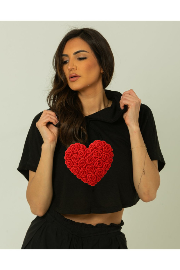 Trend Mix Mixed Printed Hooded Short Sleeve Women's Black Crop Tshirt