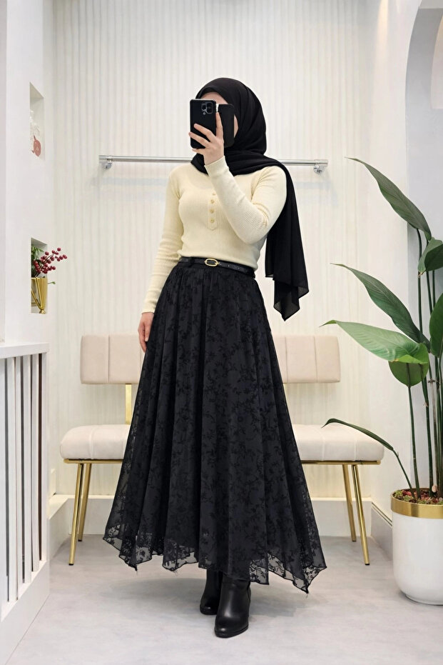 Women's Black Flocked Printed Floral Patterned Tulle Lined Seasonal Long Skirt